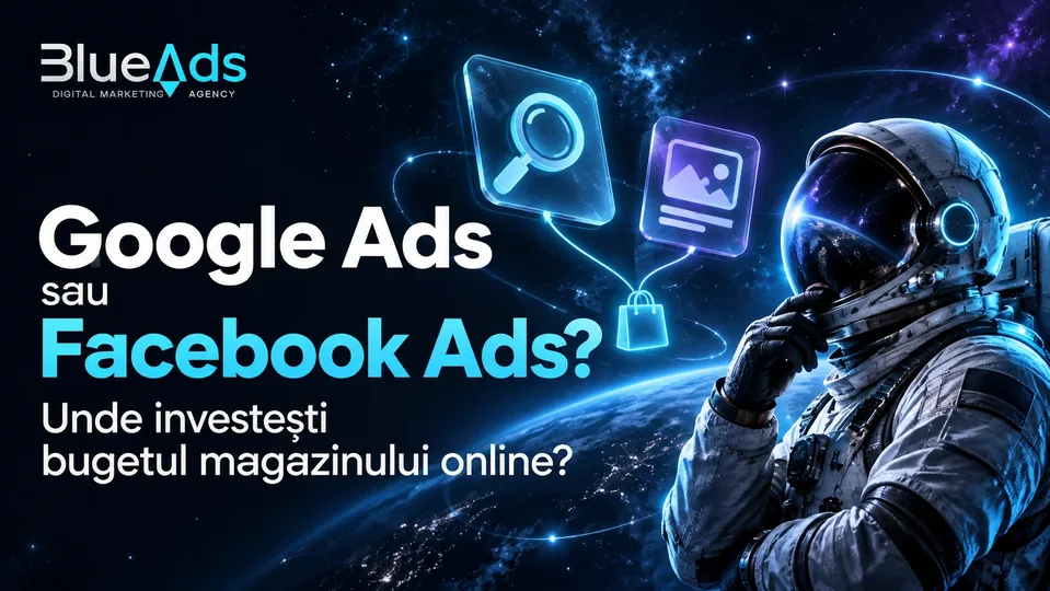 Google Ads sau Facebook Ads? Unde investești bugetul magazinului online, într-o ilustrație cosmică BlueAds.