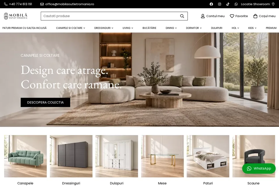 Desktop view of the Mobila Outlet România online store