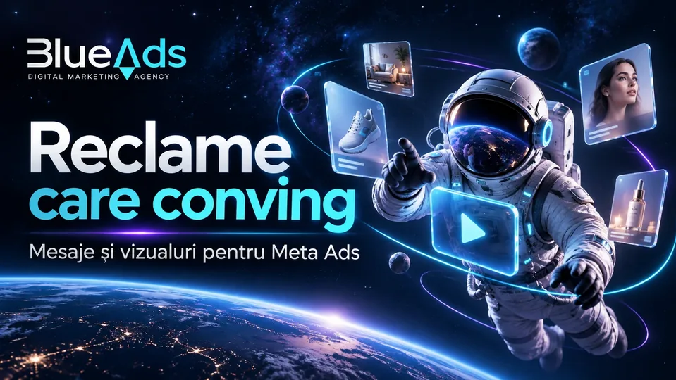 Reclame care conving Mesaje și vizualuri pentru Meta Ads Ilustrație cosmică BlueAds cu astronaut.