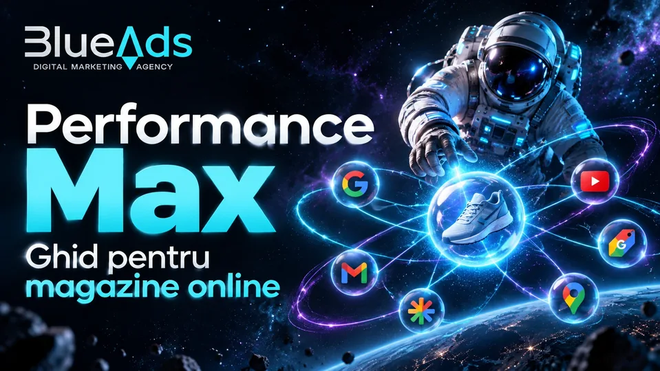 Performance Max Ghid pentru magazine online Ilustrație cosmică BlueAds cu astronaut.