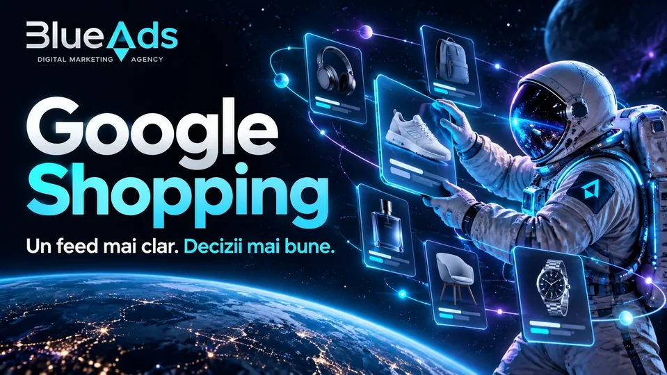 Google Shopping Un feed mai clar. Decizii mai bune. Ilustrație cosmică BlueAds cu astronaut.