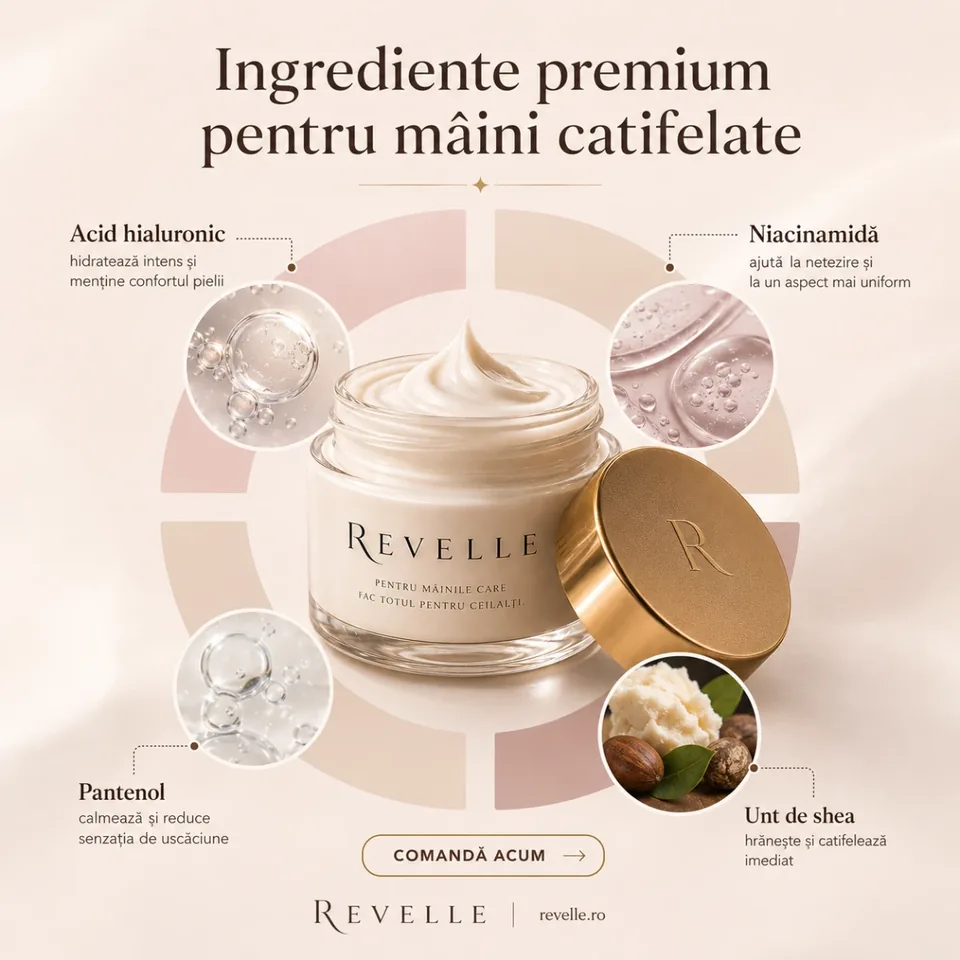 Reclamă despre ingredientele cremei de mâini Revello