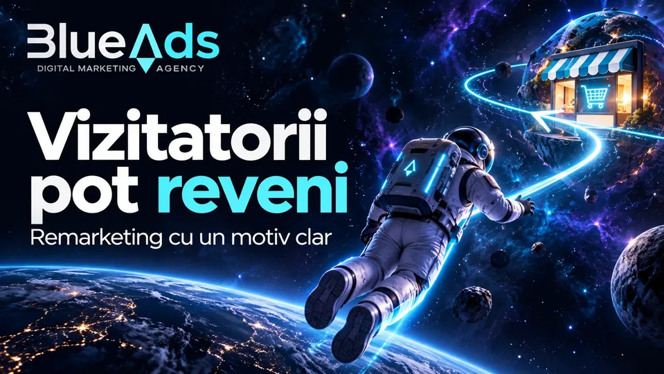 Vizitatorii pot reveni Remarketing cu un motiv clar Ilustrație cosmică BlueAds cu astronaut.